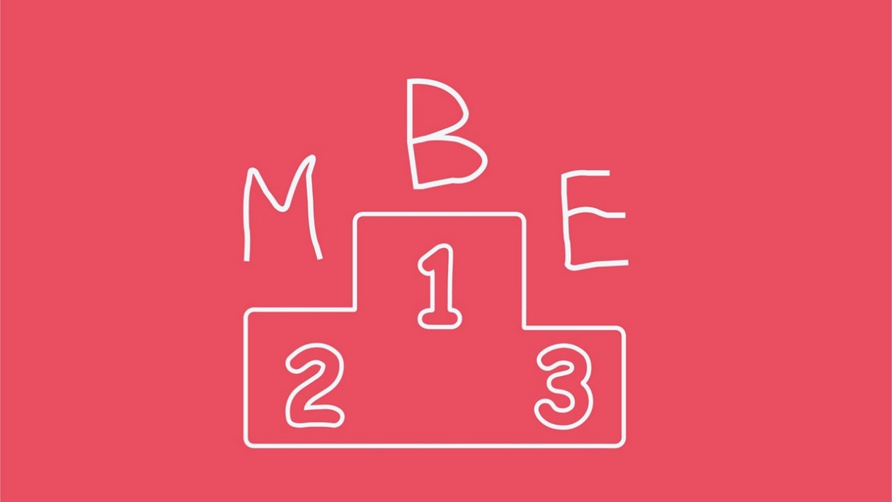 Rote Illustration mit Siegerpodest und drei Buchstaben obendrauf
