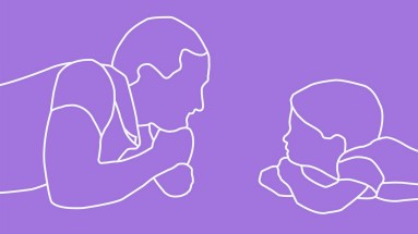 Spielidee Tagesschau Violette Illustration mit Elternteil und Kind, die einander anschauen