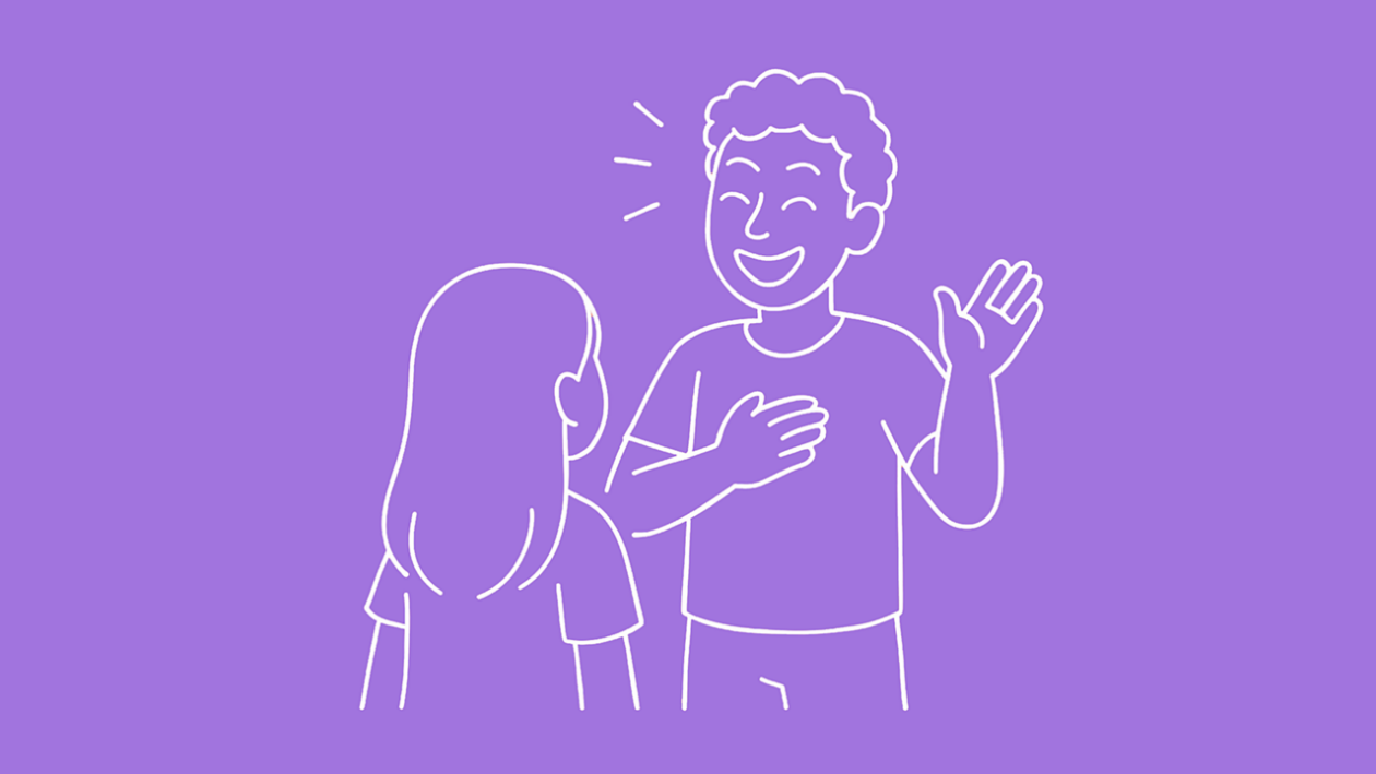 Illustration Mann gestikuliert vor Kind für Spielidee Gefühlspantomime