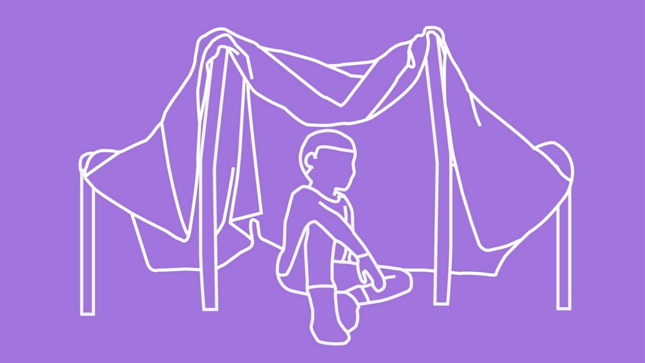 Violette Illustration mit Kind, das aus Tüchern eine Hütte baut