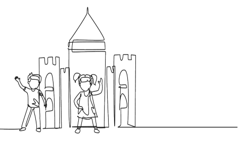 Single one line drawing kids with cardboard castle for school play. Cheerful children playing in castle made of cardboard boxes. Creative kid playing castle. Continuous line draw design graphic vector Kinder vor einer Burg