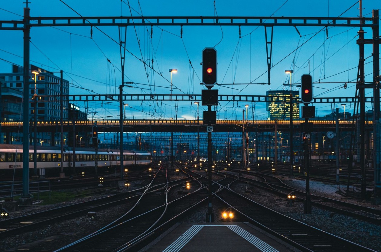 Aufnahme von Bahngleisen bei Nacht mit einfahrendem Zug und beleuchteten Gebäuden im Hintergrund