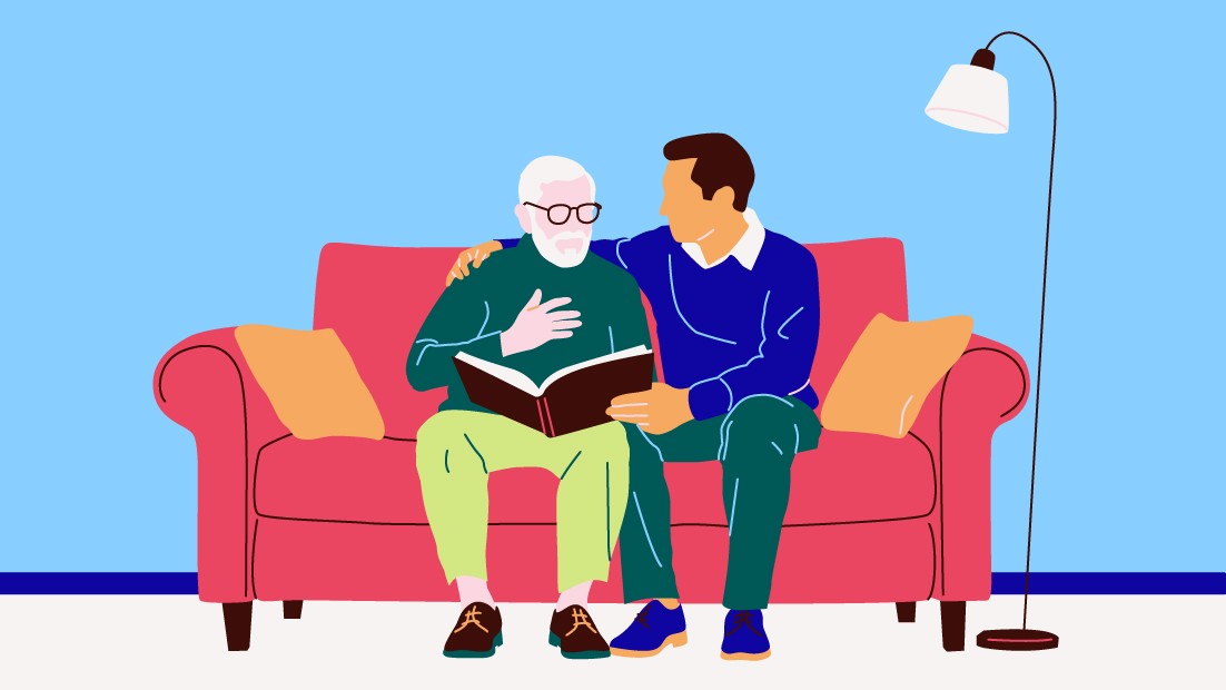 Betroffener und Hilfsperson auf Sofa