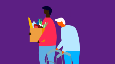 Person mit Demenz wird begleitet beim Einkaufen