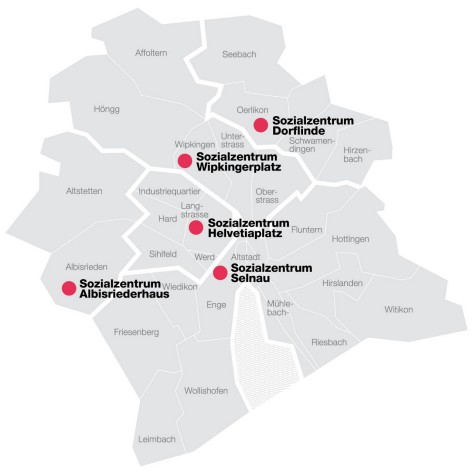 Karte Sozialzentren Die fünf Sozialzentren der Stadt Zürich