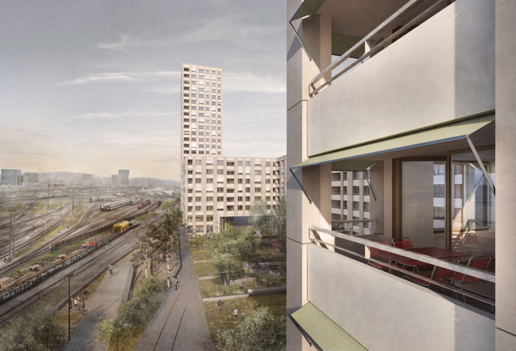 Wohnsiedlung auf der Seite der Bahngleise (Visualisierung: Gut & Schoep Architekten GmbH)