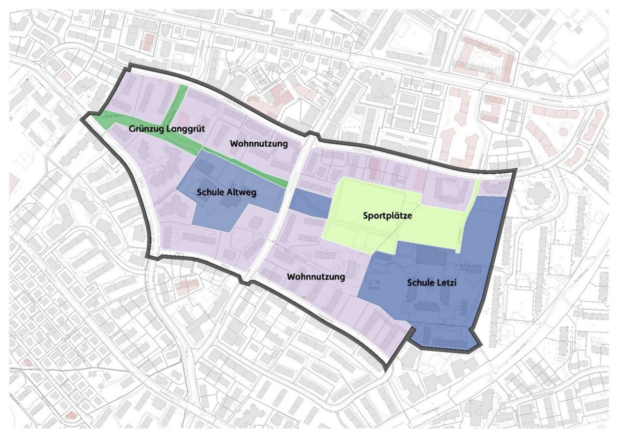 Perimeter der Entwicklungsplanung Langgrüt mit Nutzungsschwerpunkten