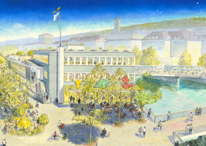 Globusprovisorium mit Platz vor Mühlesteg, in Richtung Central blickend