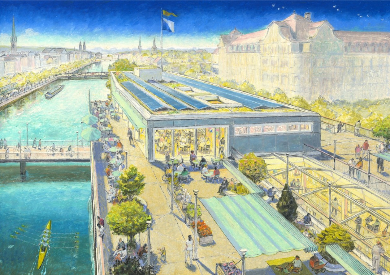 Globusprovisorium, Ansicht Dachterrasse, flussaufwärts blickend 