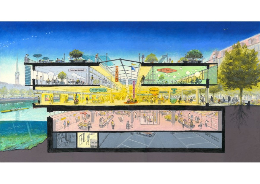 Globusprovisorium, Querschnitt mit Nutzungen 