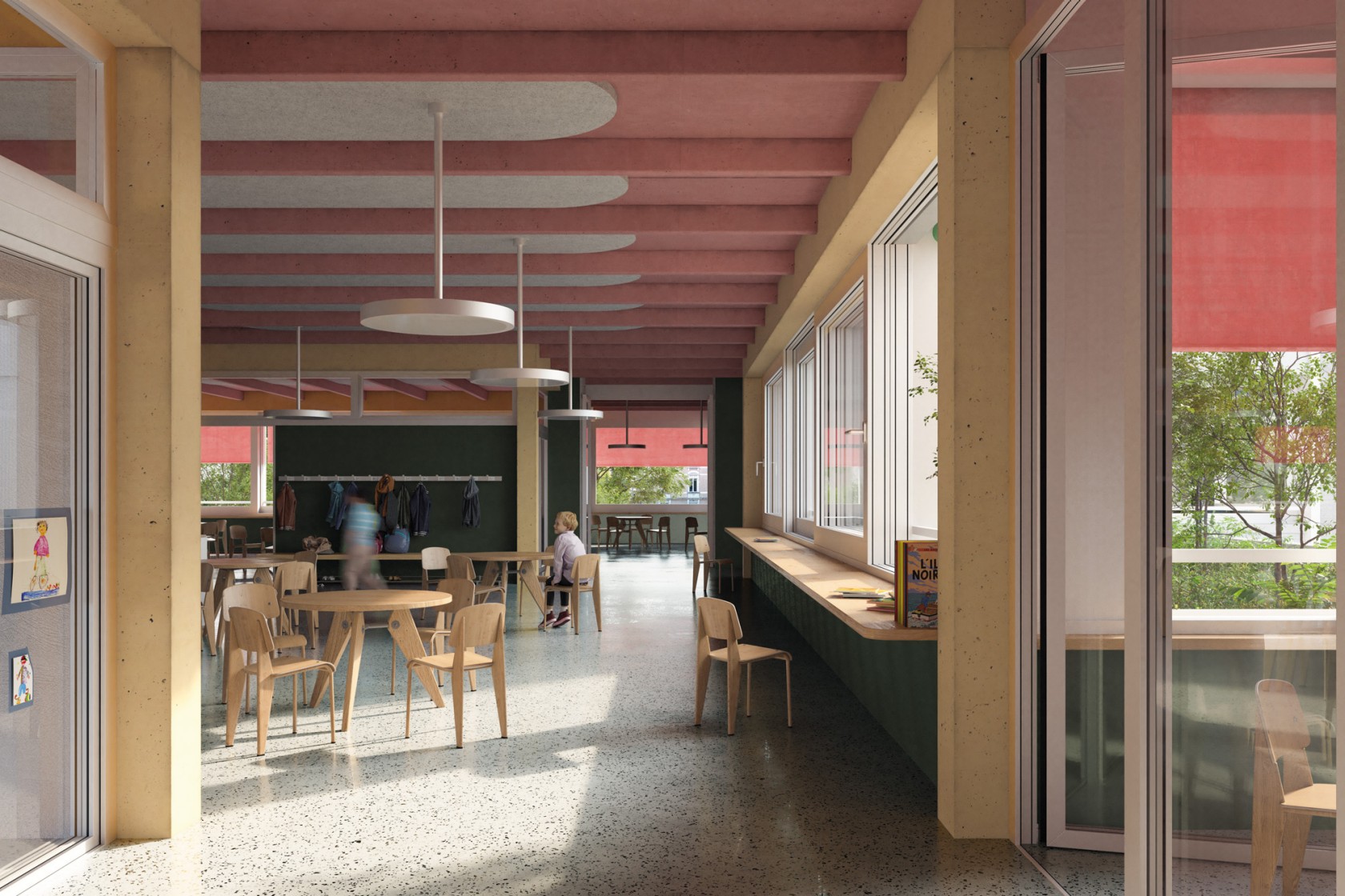 Die Visualisierung des geplanten Bauvorhabens zeigt einen Blick in den künftigen Schulraum-Cluster mit Holzstühlen und Tischen.