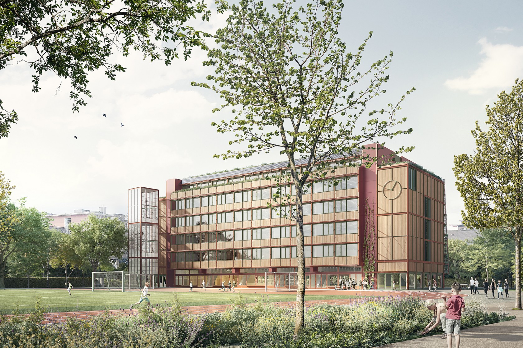 Die Visualisierung des geplanten Bauvorhabens zeigt die Umgebung mit dem neuen Gebäude der Schulanlage.