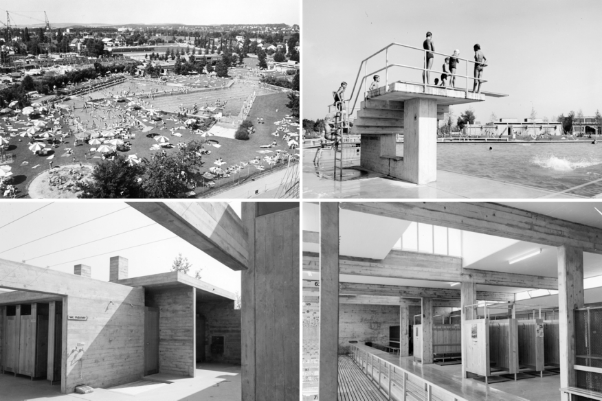 Historische Aufnahmen des Freibads Auhof mit frühen Badeanlagen und ihrer ursprünglichen Umgebung.