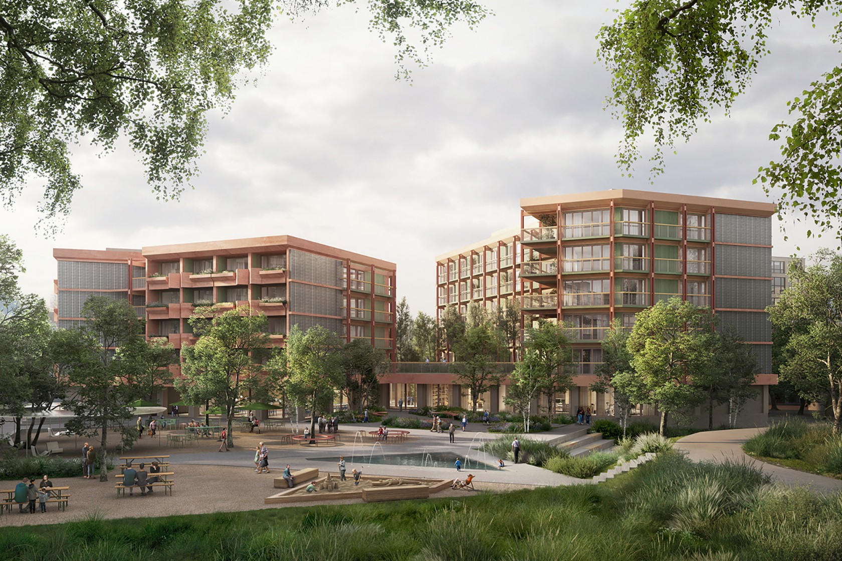 Blick auf das Gesundheitszentrum für das Alter Grünau mit dem Quartierplatz und vielen Bäumen im Vordergrund.