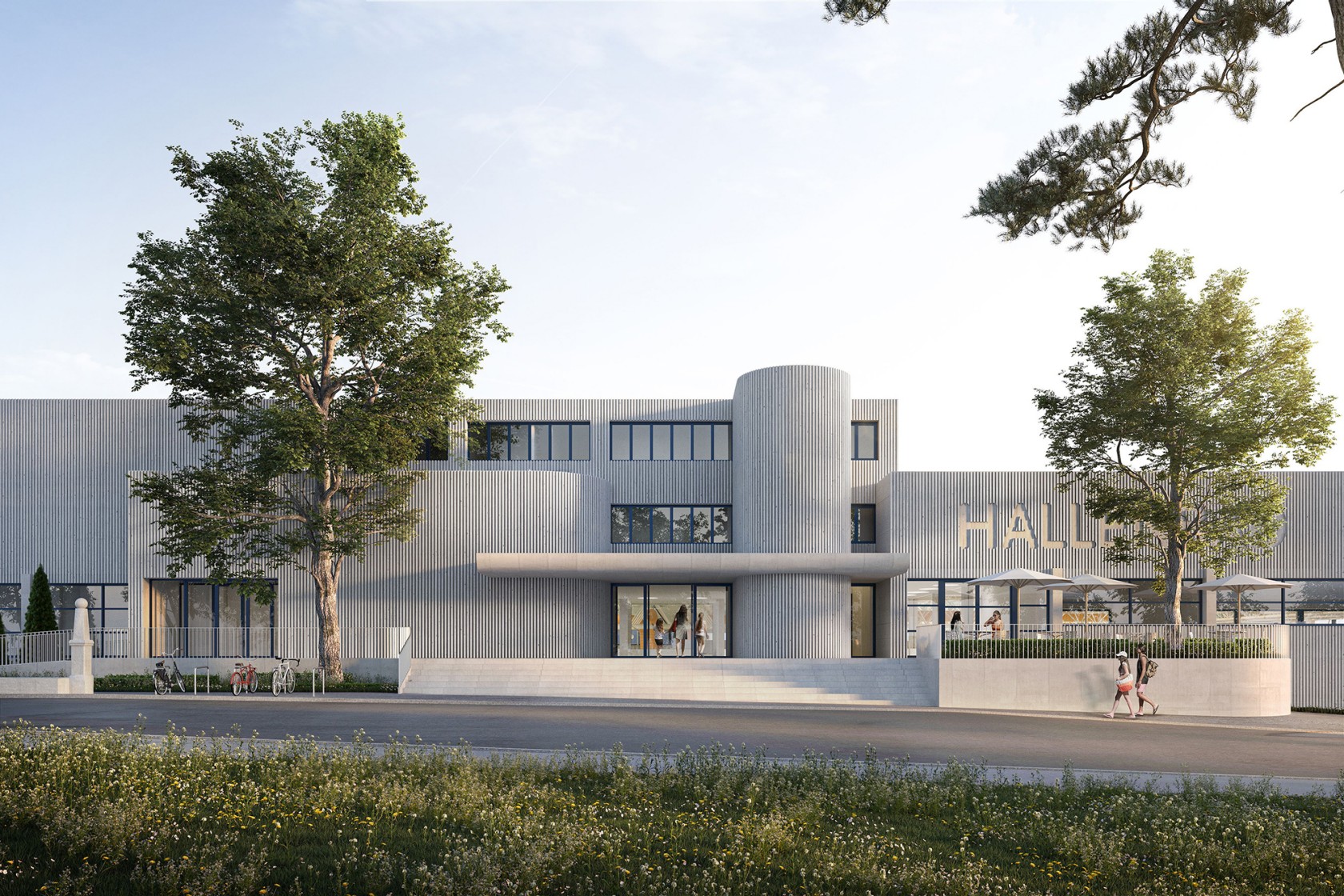 Die Visualisierung des geplanten Bauvorhabens zeigt den neuen Eingangsbereich des Hallenbads.