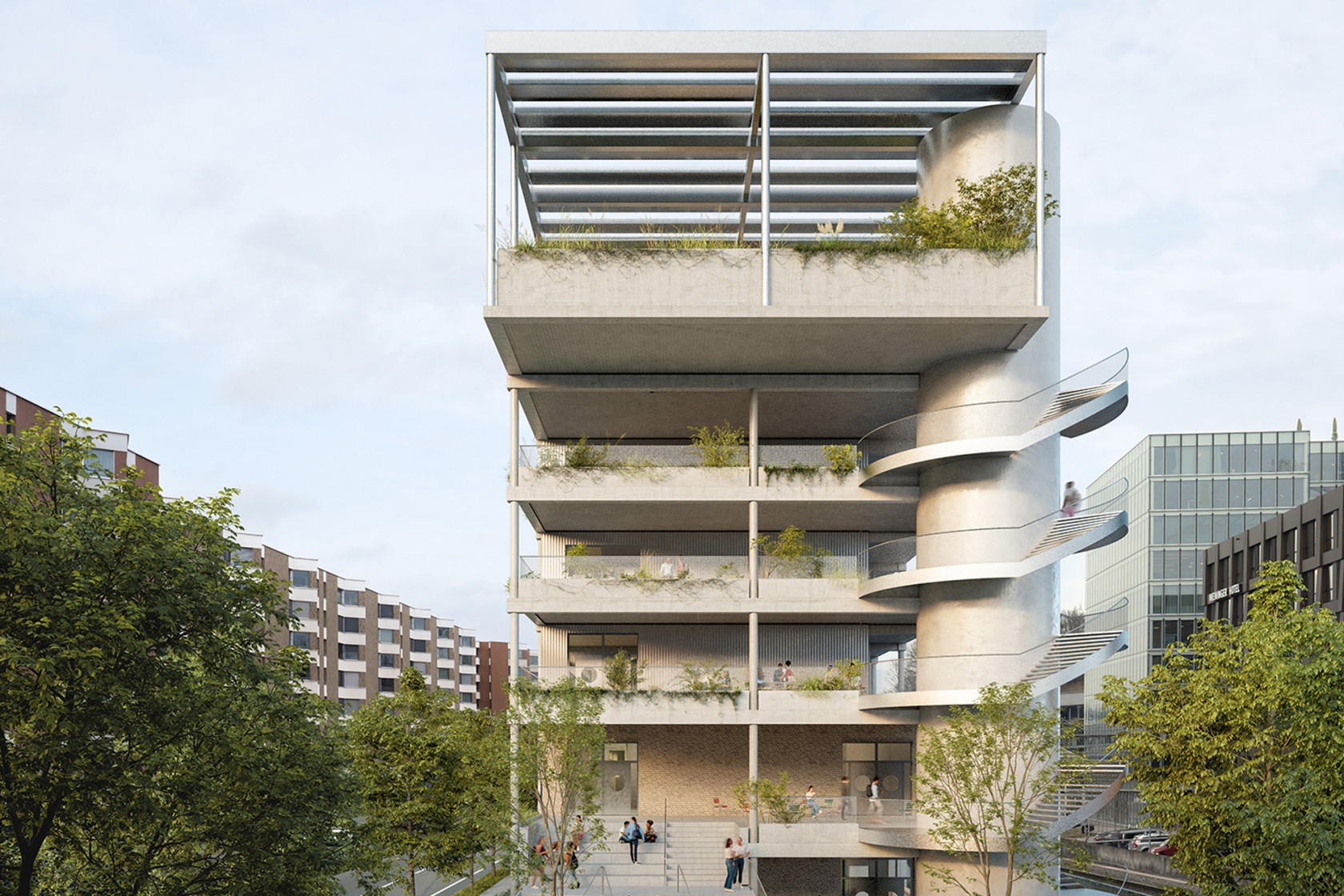 Die Visualisierung des geplanten Bauvorhabens zeigt einen Blick vom Haspelsteg auf die künftige Schulanlage.