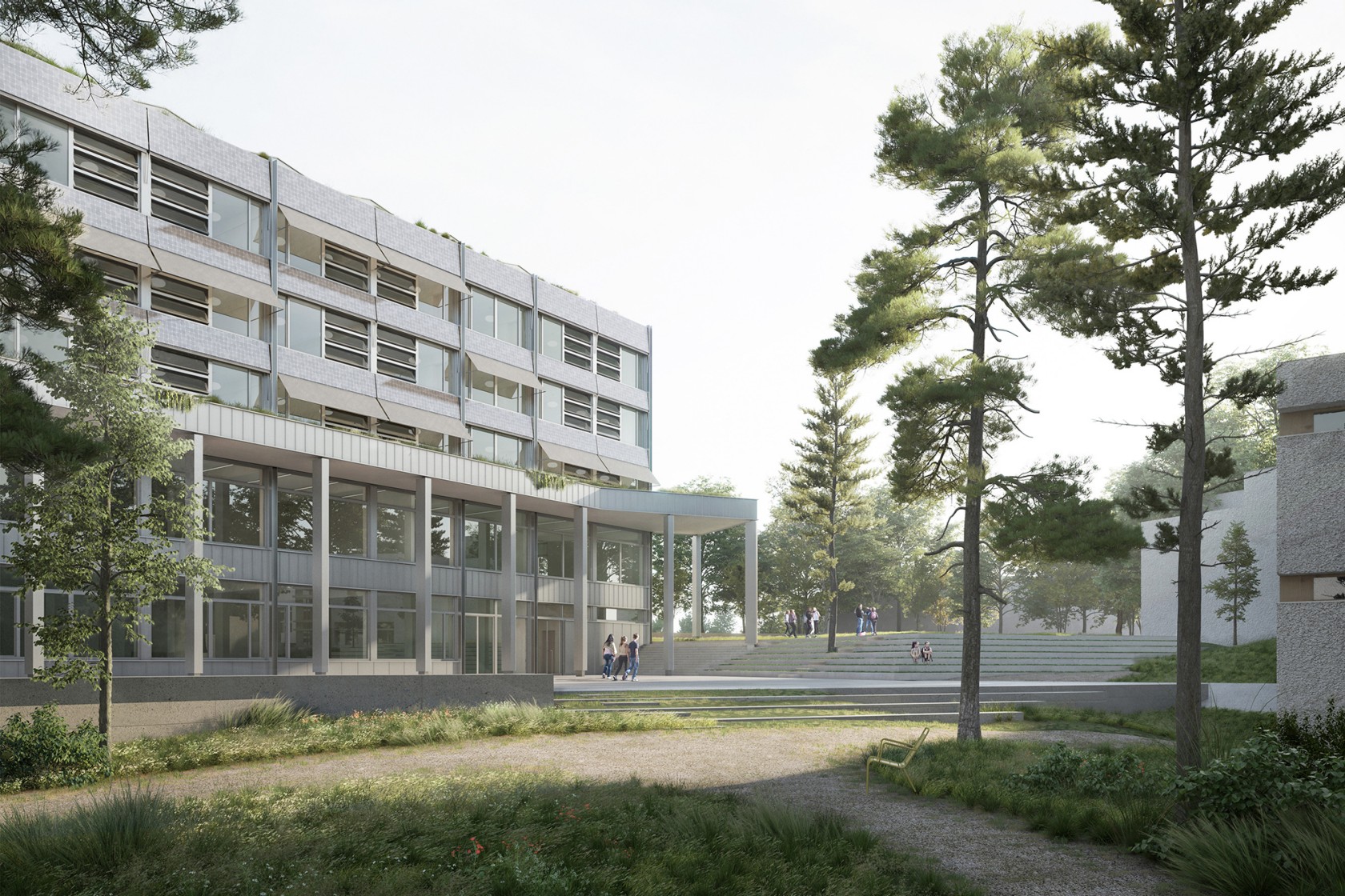 Die Visualisierung des geplanten Bauvorhabens zeigt die Umgebung mit dem neuen Gebäude.