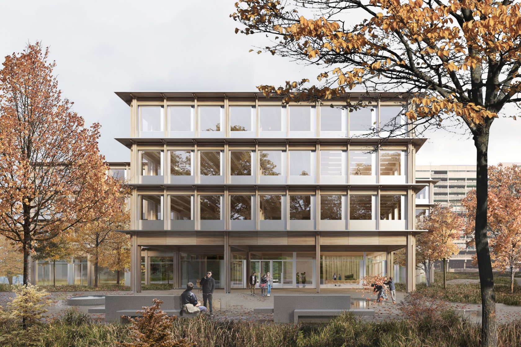 Visualisierung mit Blick auf die Fassade und den Haupteingang.