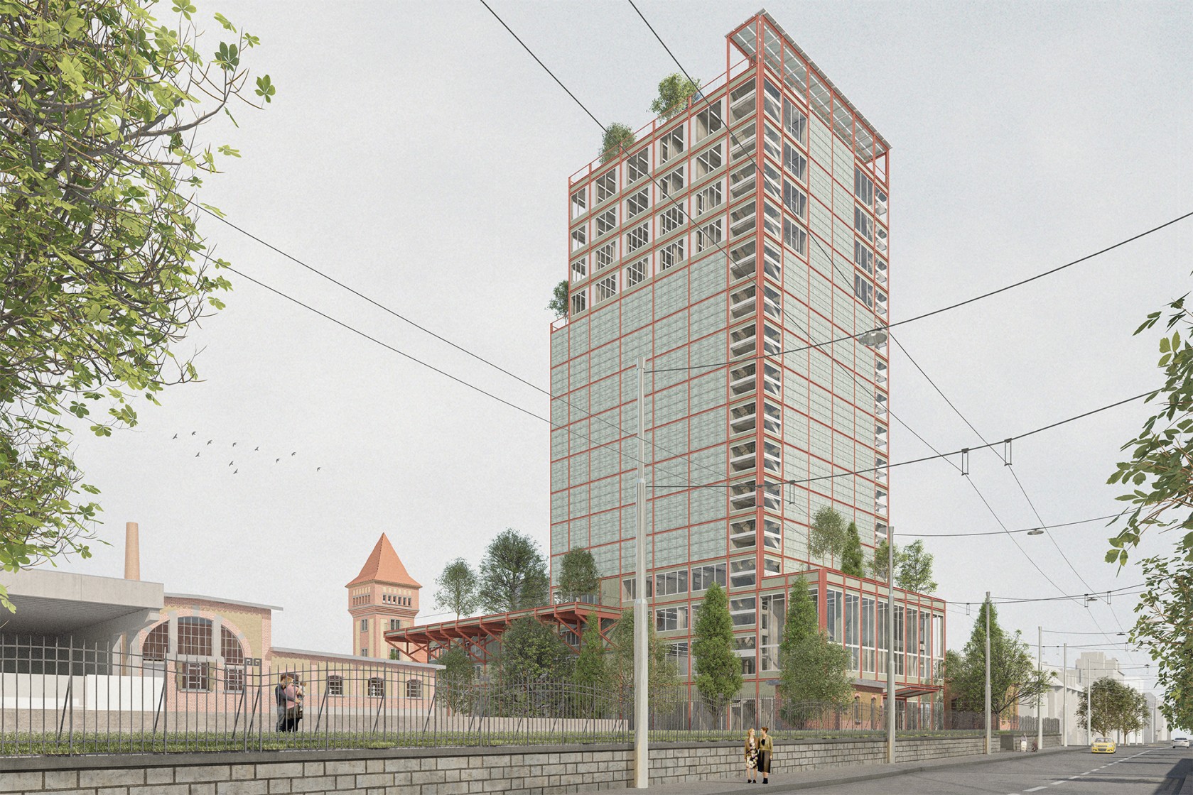 Die Visualisierung des geplanten Bauvorhabens zeigt das Hochhaus umgeben von urbaner Architektur.