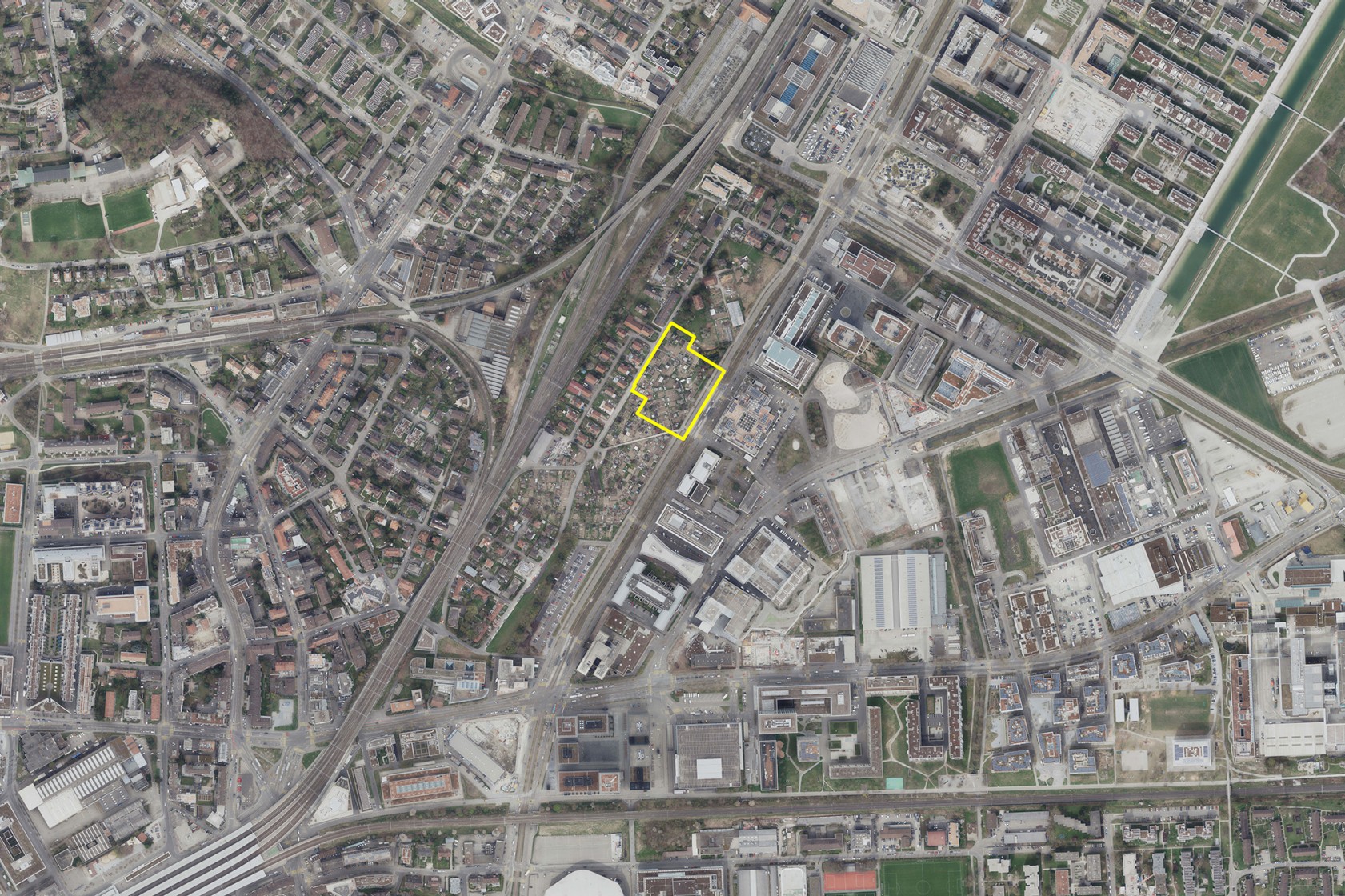 Der gelb eingezeichnete Perimeter auf der Karte markiert den Wettbewerbsstandort der Thurgauerstrasse Teilgebiet D.