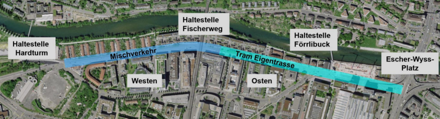 Übersicht Eigentrassee Hardturmstrasse mit den Tramhaltestellen und farbliche Markierung von Trameigentrassee sowei Tram/Auto-Mischverkehr