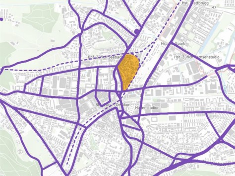 Eine Karte von Seebach, bei der der Bereich um die Grünhalde- und Bühlwiesenstrasse gelb eingefärbt ist