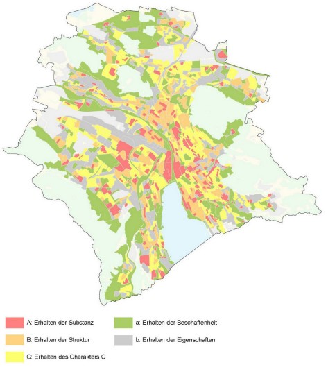 Karte mit einem Überblick über die ISOS-Gebiete in Zürich