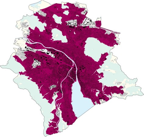 Karte von Zürich, in der das ISOS-Schutzgebiet rot markiert ist