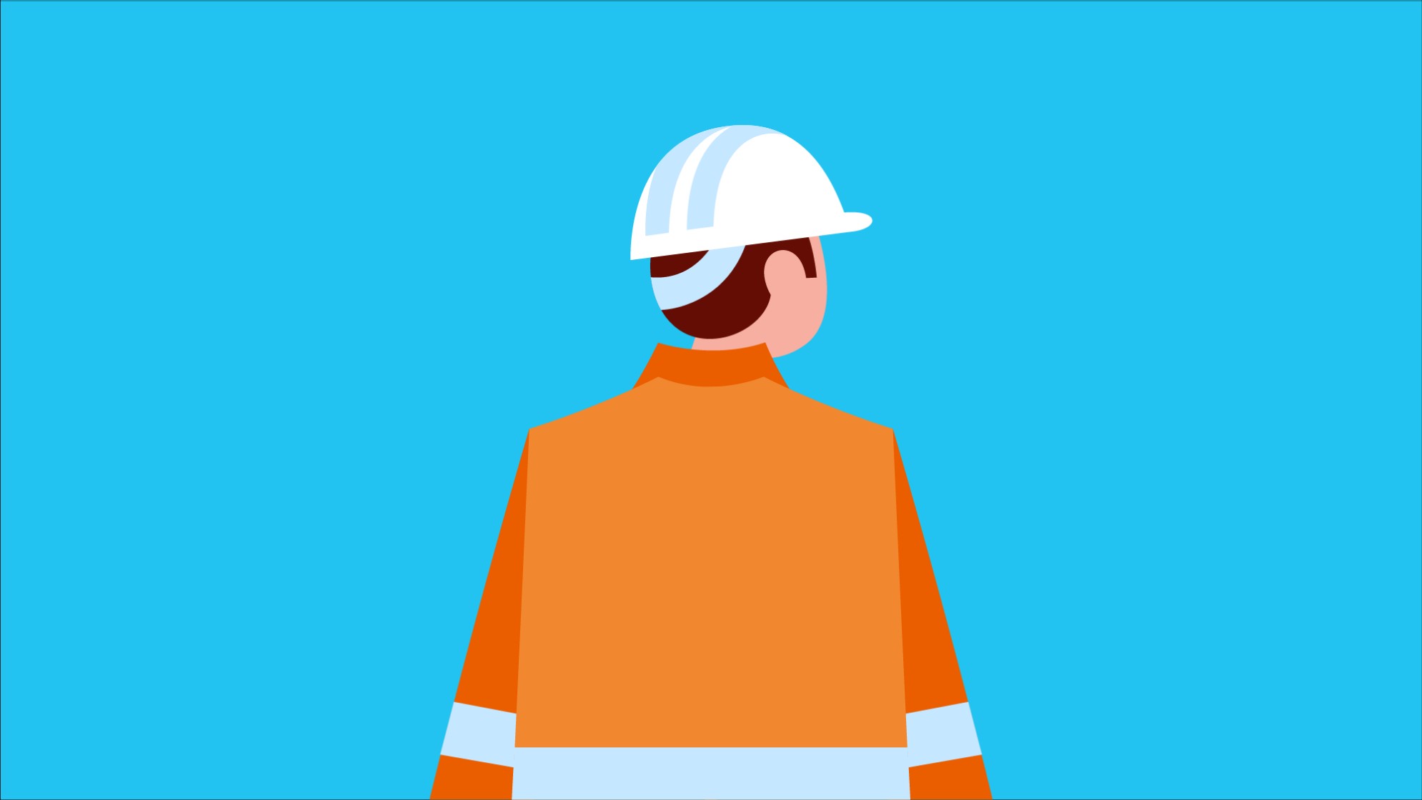 Illustration Rückenansicht: Person in oranger Warnweste und weissem Helm.