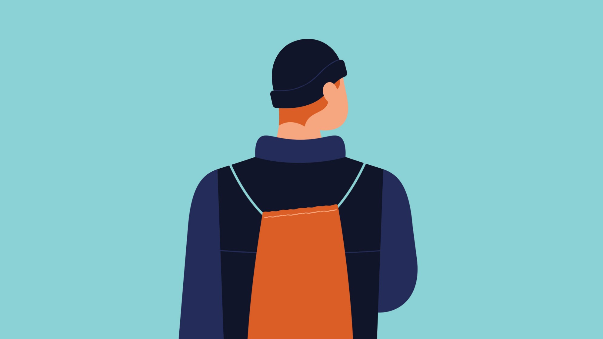 Illustration Rückenansicht: Person in blauer Kleidung, mit blauer Mütze und oranger Turnbeutel am Rücken.