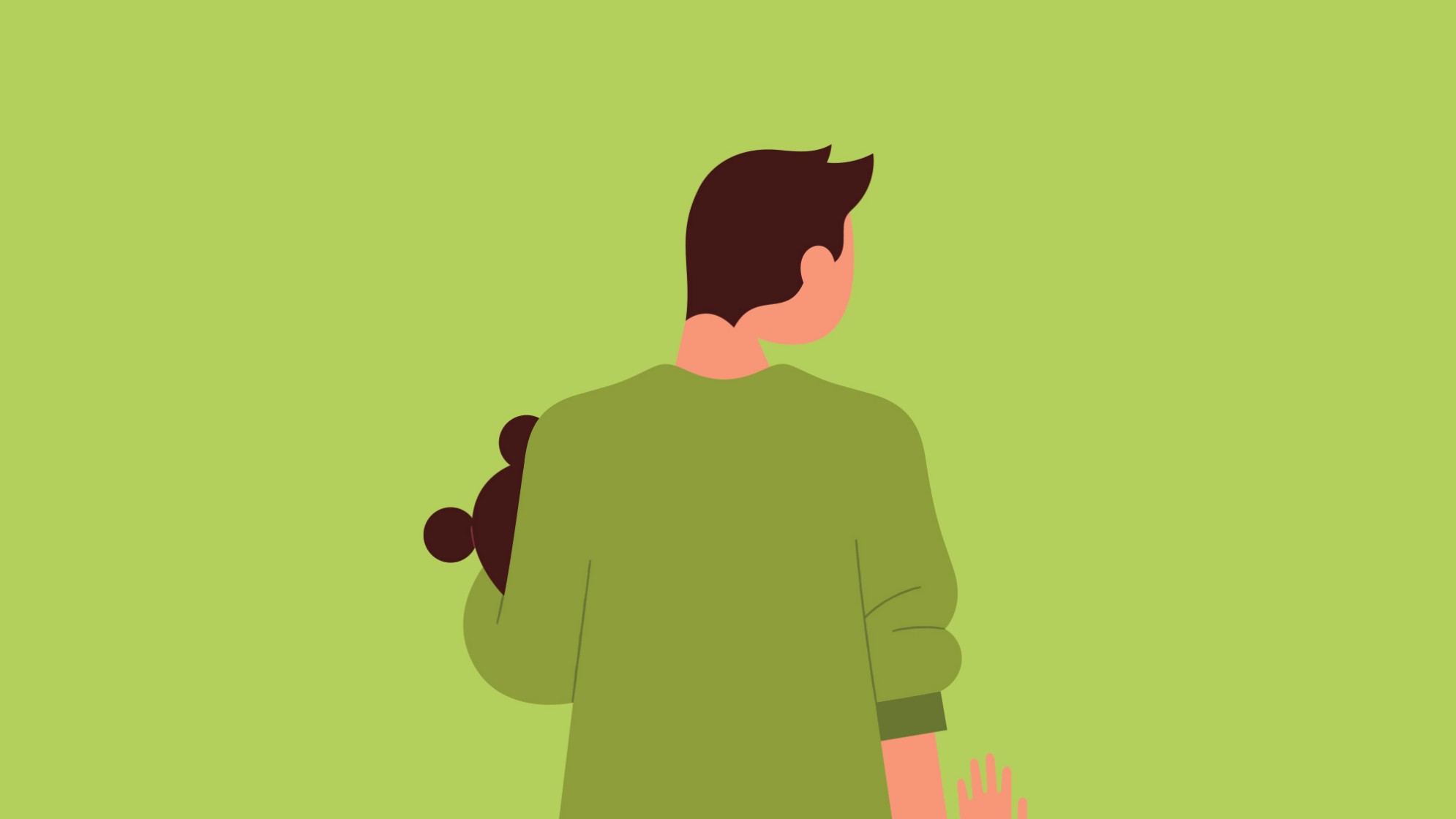 Illustration Rückenansicht: Fachperson Betreuung in grünem Pulli mit Teddybär in der linken Hand und einer Kinderhand auf Ellbogenhöhe.