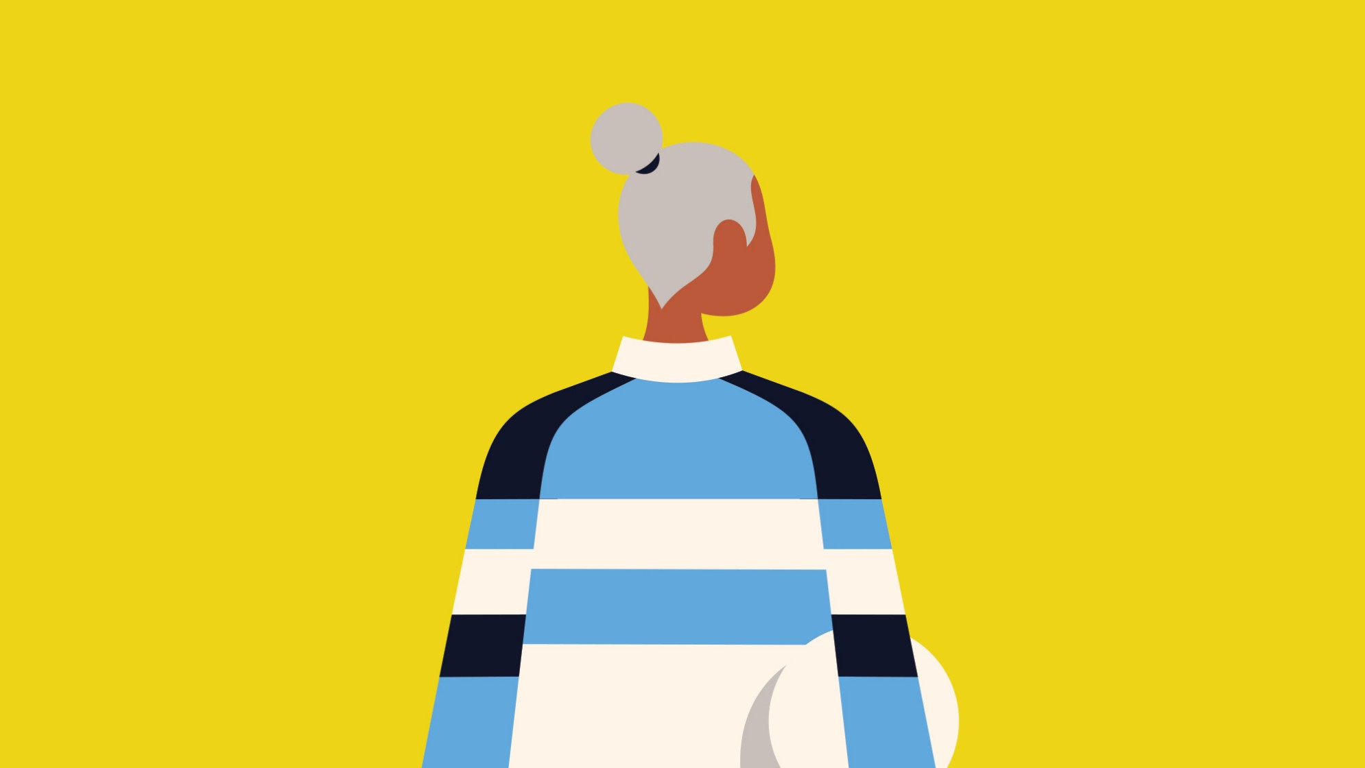 Illustration Rückenansicht: Person mit grauen hochgebundenen Haaren, mit gestreiftem Trainingsanzug und einem Ball unter den Arm geklemmt.