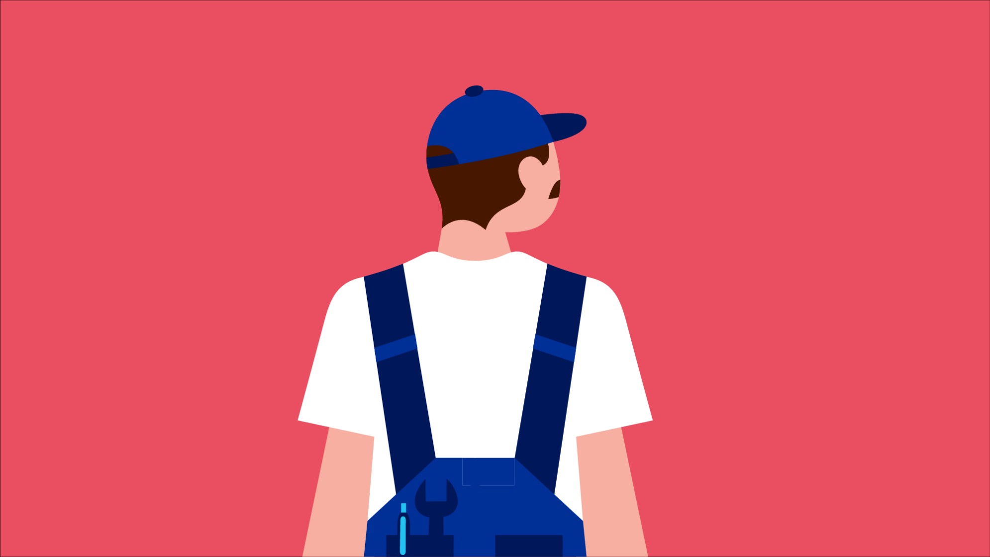 Illustration Rückenansicht: Person in blauer Latzhose und blauer Mütze und Werkzeugen in der Hosentasche.