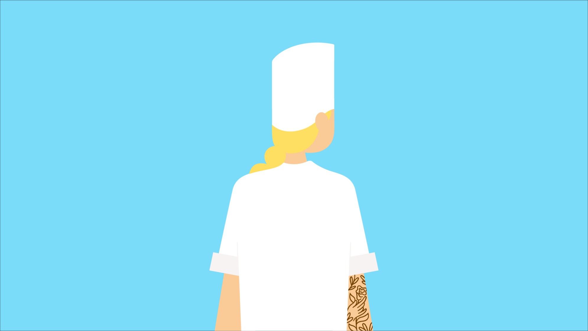 Illustration Rückenansicht: Köchin in weisser Arbeitskleidung, mit weisser Kochmütze und blondem Zopf.