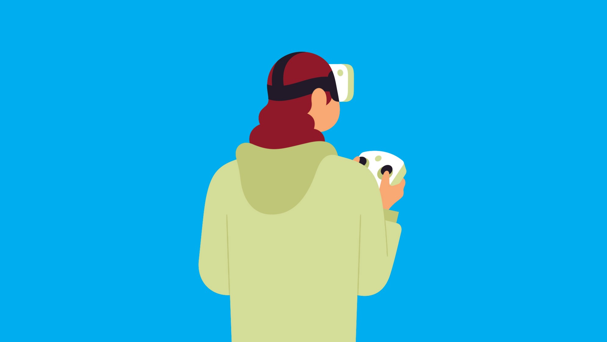 Illustration Rückenansicht: Person in grünem Kaputzen-Pulli, mit braunen, längeren Haaren, mit Virtual-Reality-Brille auf dem Kopf und Steuerung in der Hand.