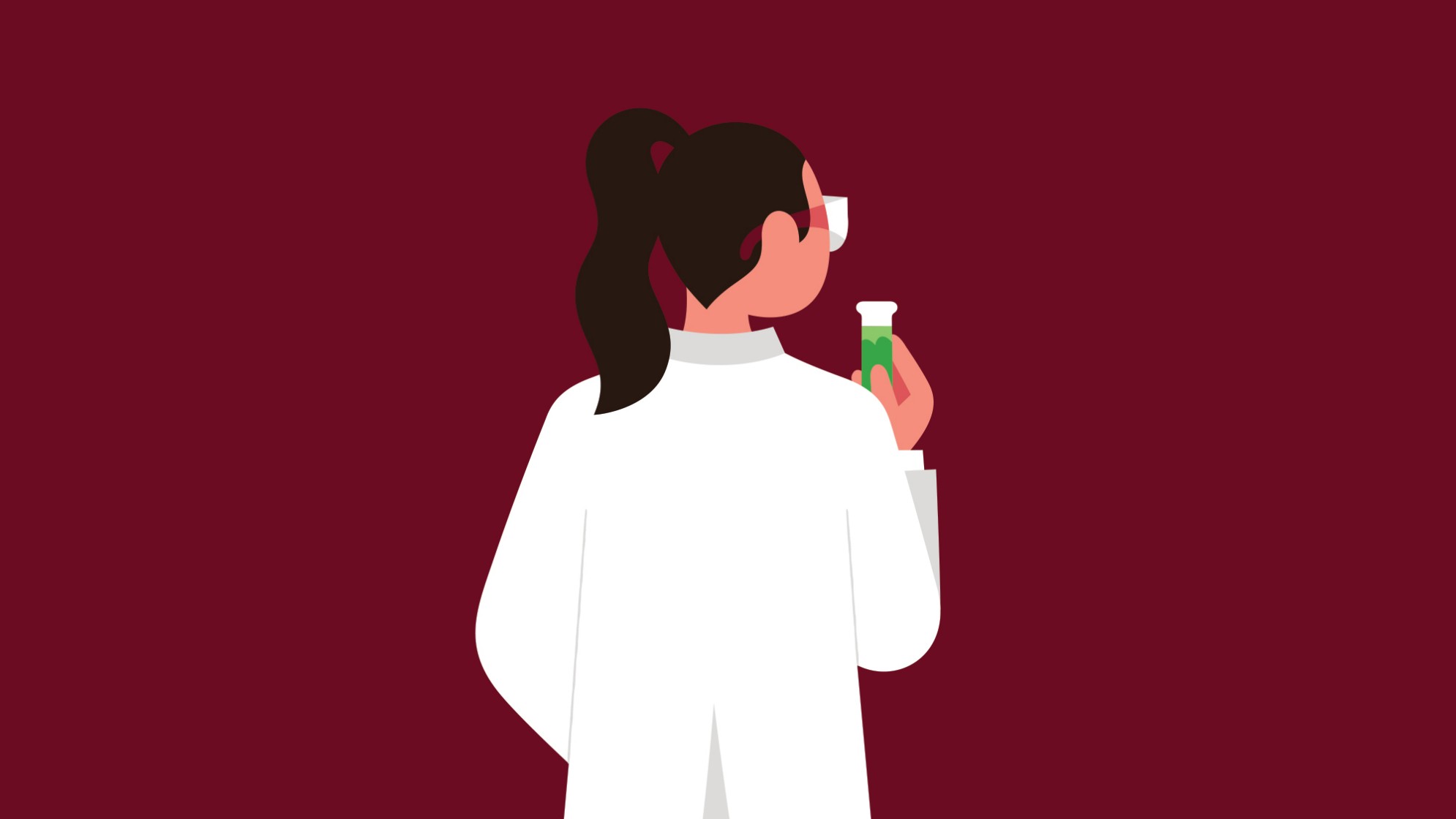 Illustration Rückenansicht: Person in weissem Labormantel, mit braunem Rossschwanz und einem Reagenzglas mit grüner Flüssigkeit in der rechten Hand.