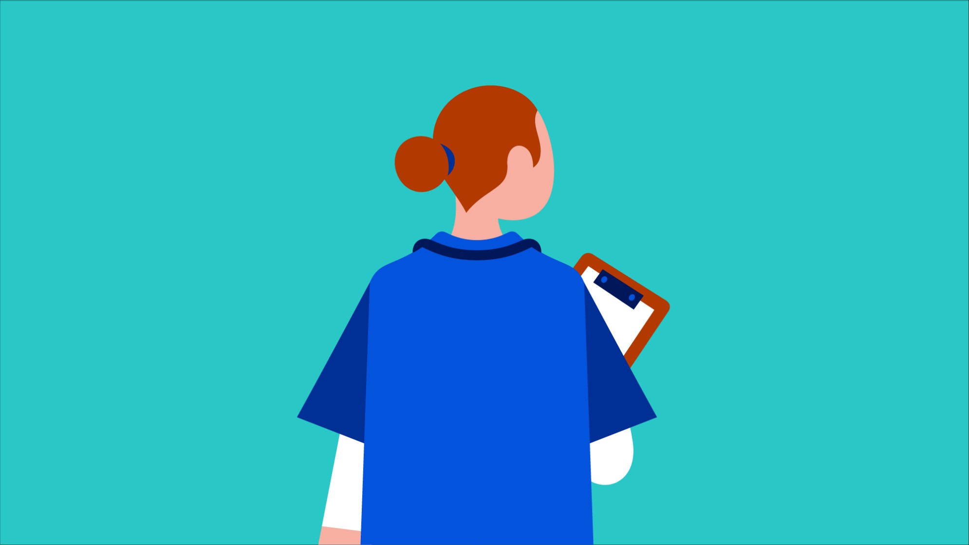 Illustration Rückenansicht: Pflegefachperson in blauer Arbeitskleidung mit Klemmbrett in der rechten Hand.