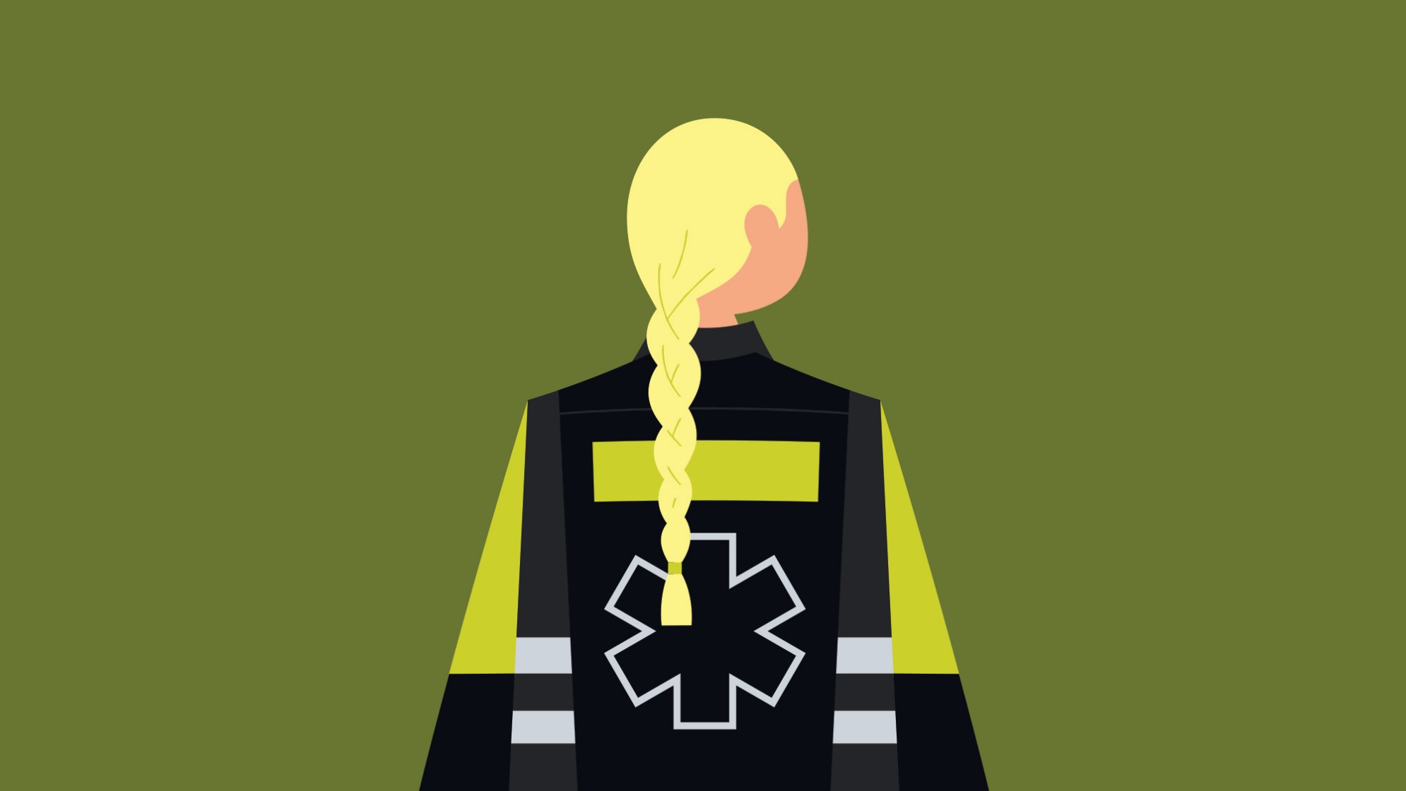 Illustration Rückenansicht: Sanitätsperson in Uniform mit blondem Zopf.
