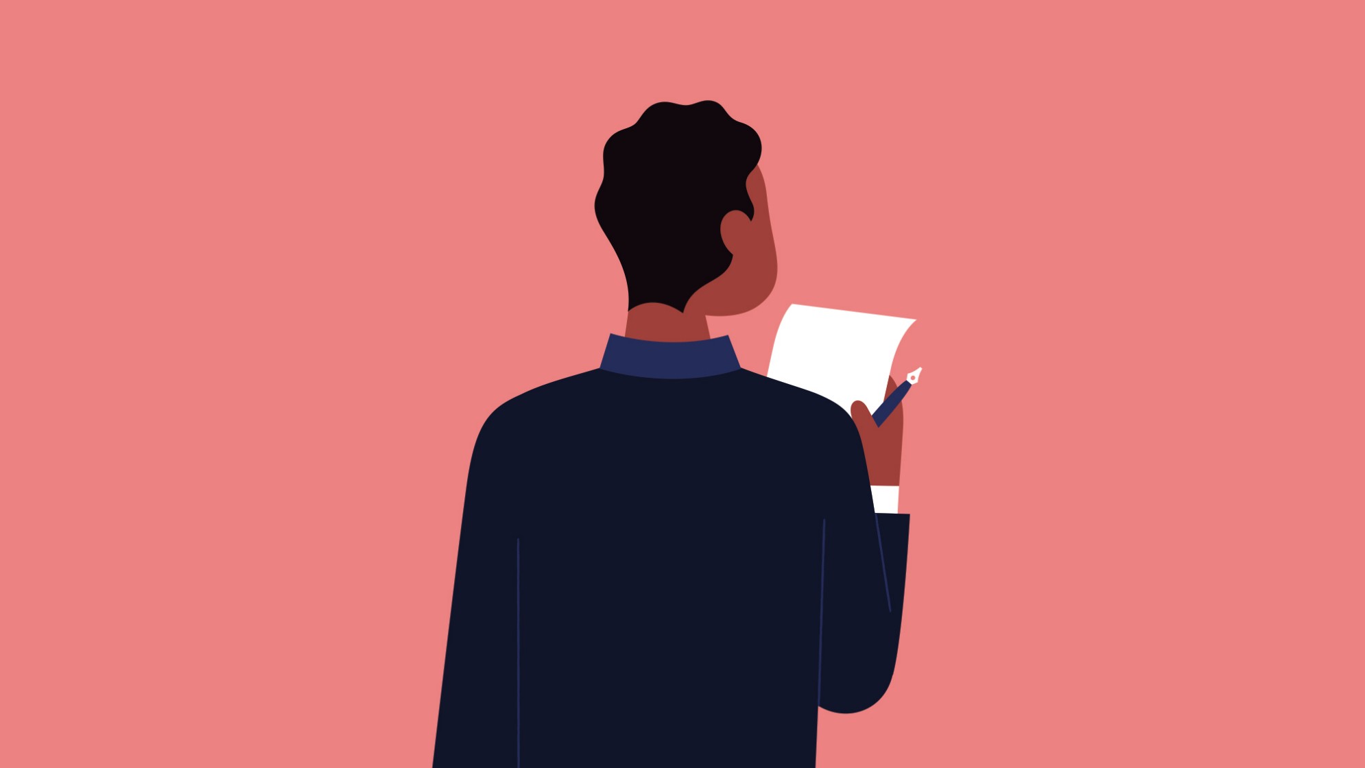 Illustration Rückenansicht: Mann in schwarzem Pulli und Block und Bleistift in der Hand.