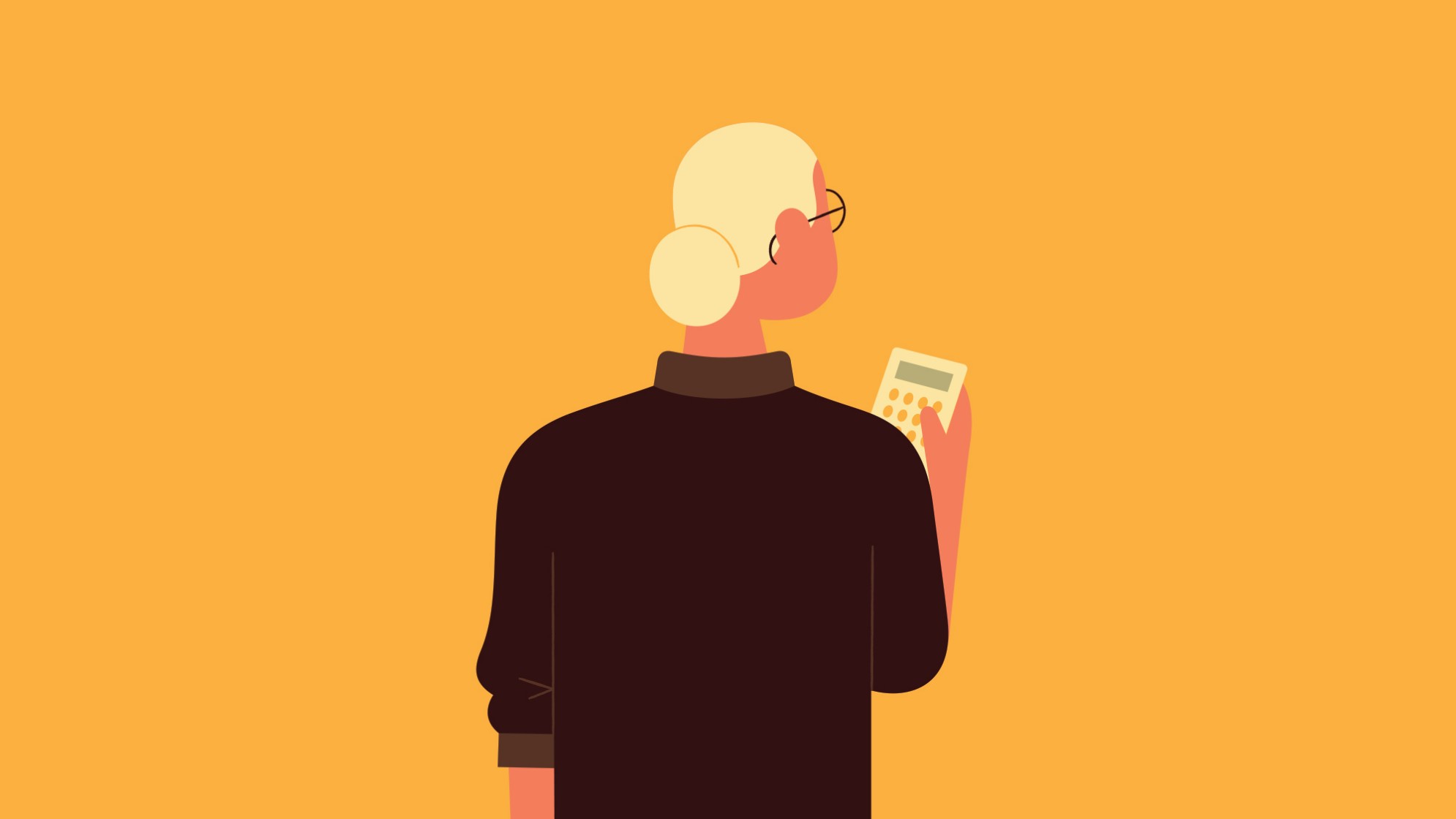 Illustration Rückenansicht: Person in braunem Pulli und blonden gebundenen Haaren, mit Brille und Taschenrechner in der Hand.