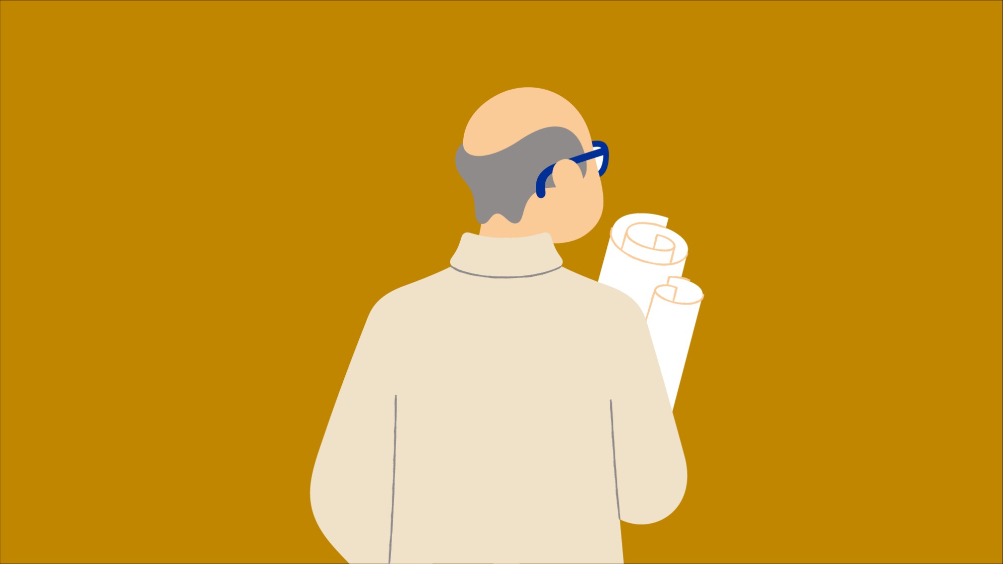 Illustration Rückenansicht: Person mit Glatze, in beigem Rollkragenpulli und Schriftrollen in der Hand.