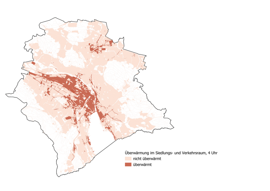 Die überwärmten Stadtflächen zeigen auf, wo sich Zürich in Hitzeperioden nachts nicht ausreichend abkühlt. Davon betroffen sind insgesamt 20 Prozent der Stadtfläche, insbesondere das dicht bebaute Zentrum.