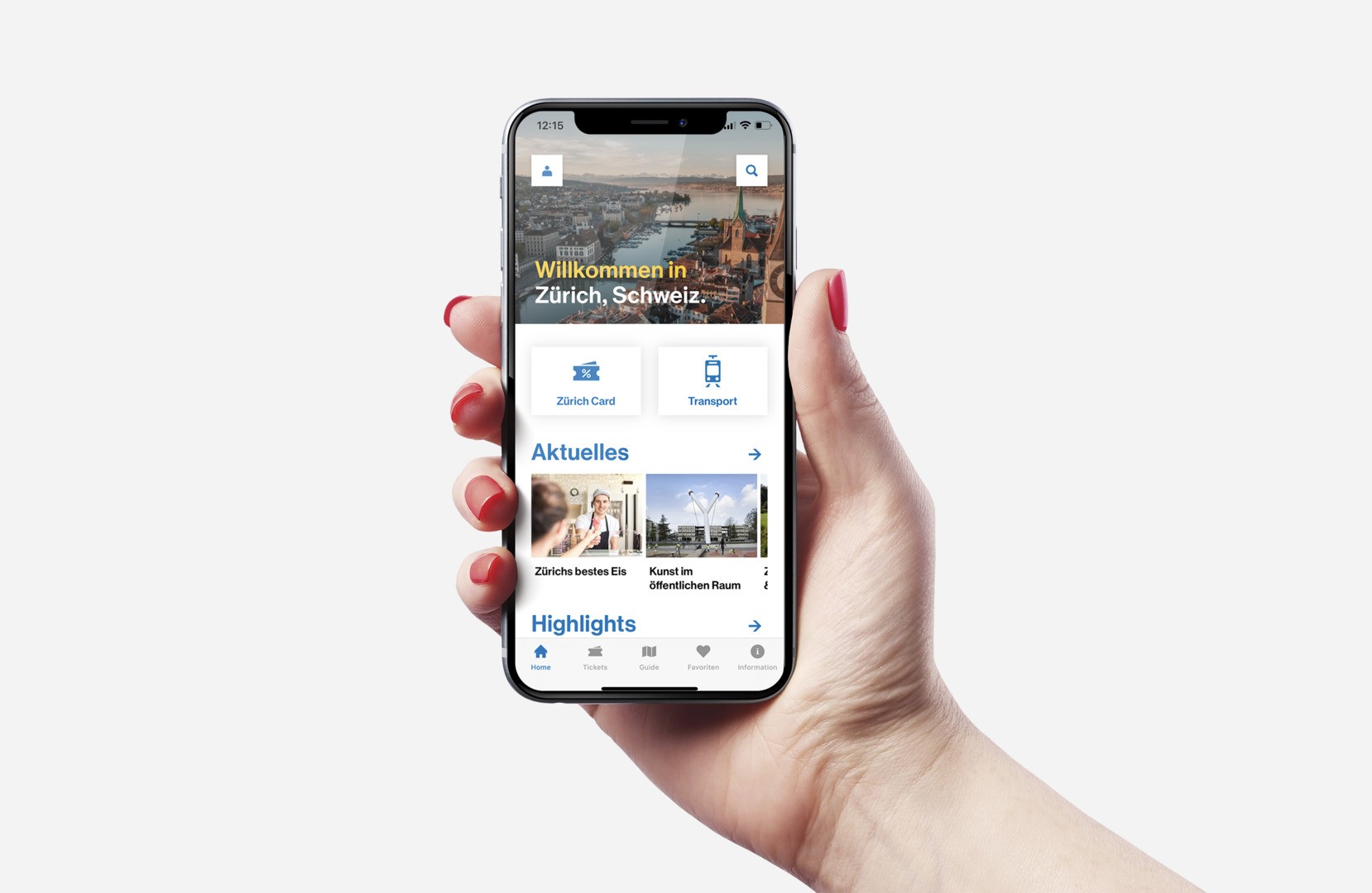 Hand mit einem Handy mit der Zürich City Guide App