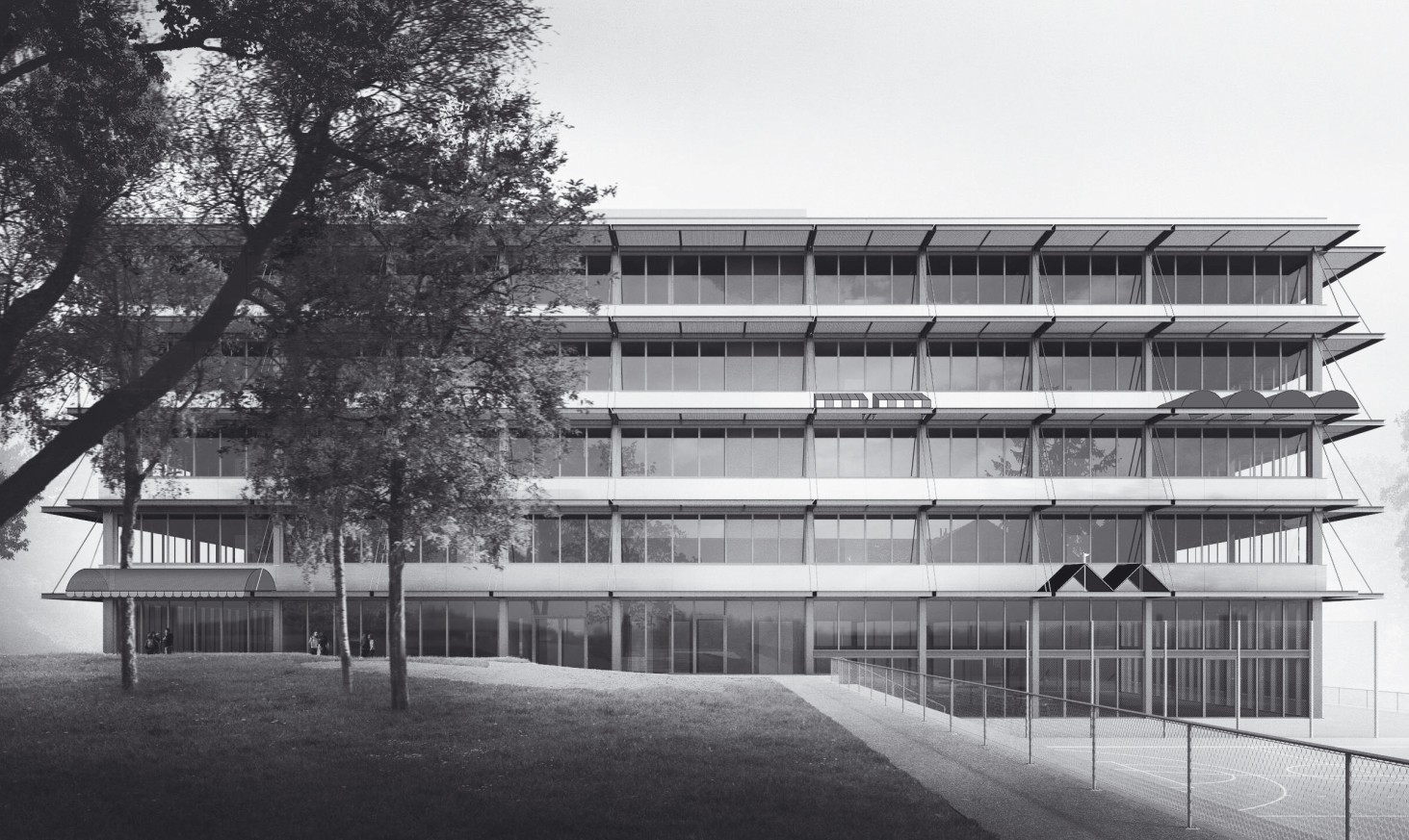 Visualisierung Schulhausfassade mit künstlerischer Ergängzung des Sonnenschutzes