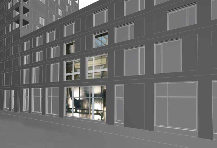 Visualisierung der Fassade mit bearbeiteten Fenstern des Haupteingangs
