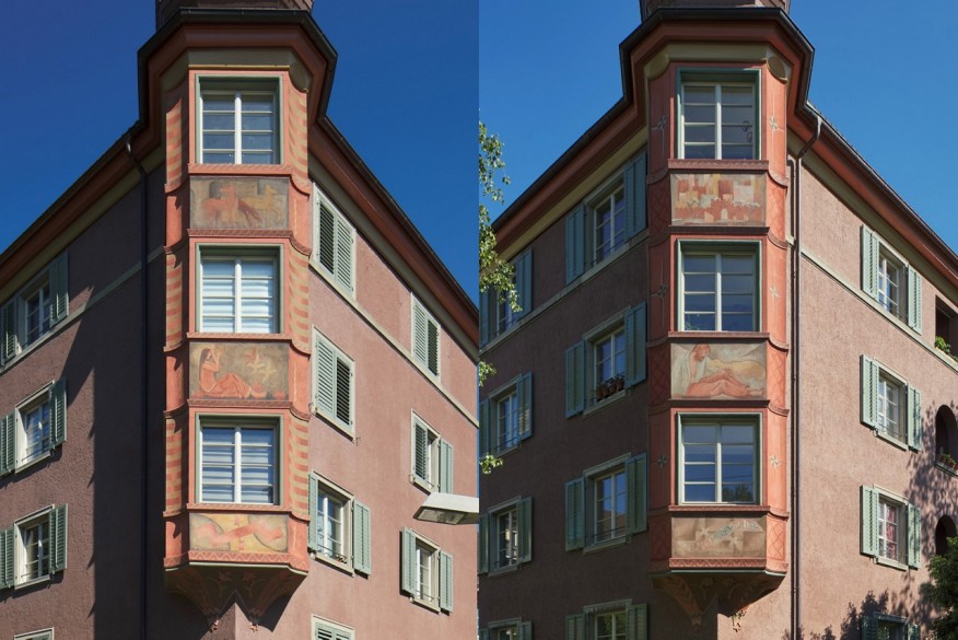 Ansicht von zwei Erkern der Wohnsiedlung Birkenhof, welche Malereien aufweisen.