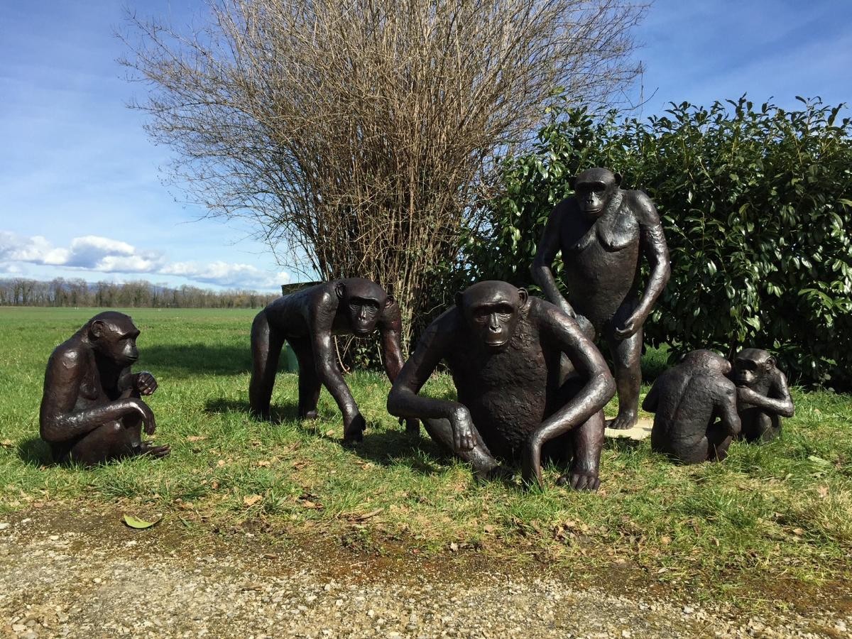 Bronzene Affenfamilie auf Wiese