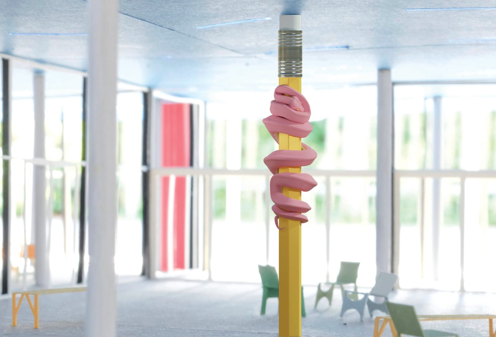 Visualisierung Schulsaal mit Aluminiumskulptur in Form eines Bleistifts, um den sich eine rosa Schlange windet.