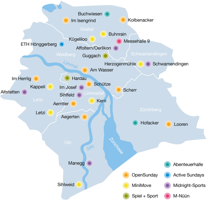 Karte der Stadt Zürich, die die Standorte der offenen Sportangebote für Kinder und Jugendliche zeigt