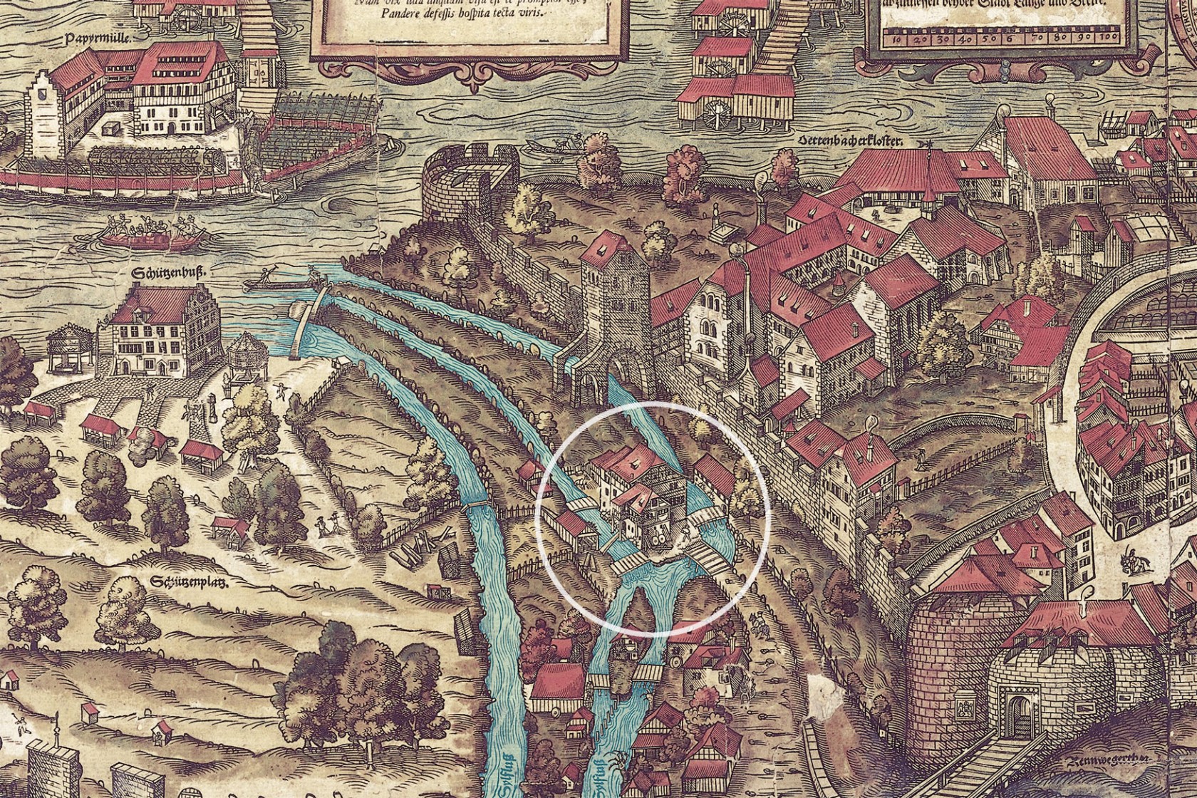 Werdmühle auf dem Murerplan von 1576. (Plan BAZ)